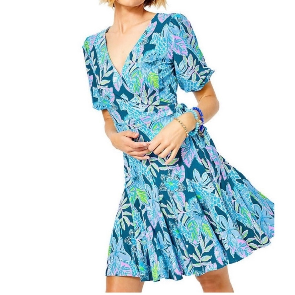 Lilly Pulitzer Kessler Wrap Dress Macaw Blue Tall Me About It sz M Puff Sleeve
